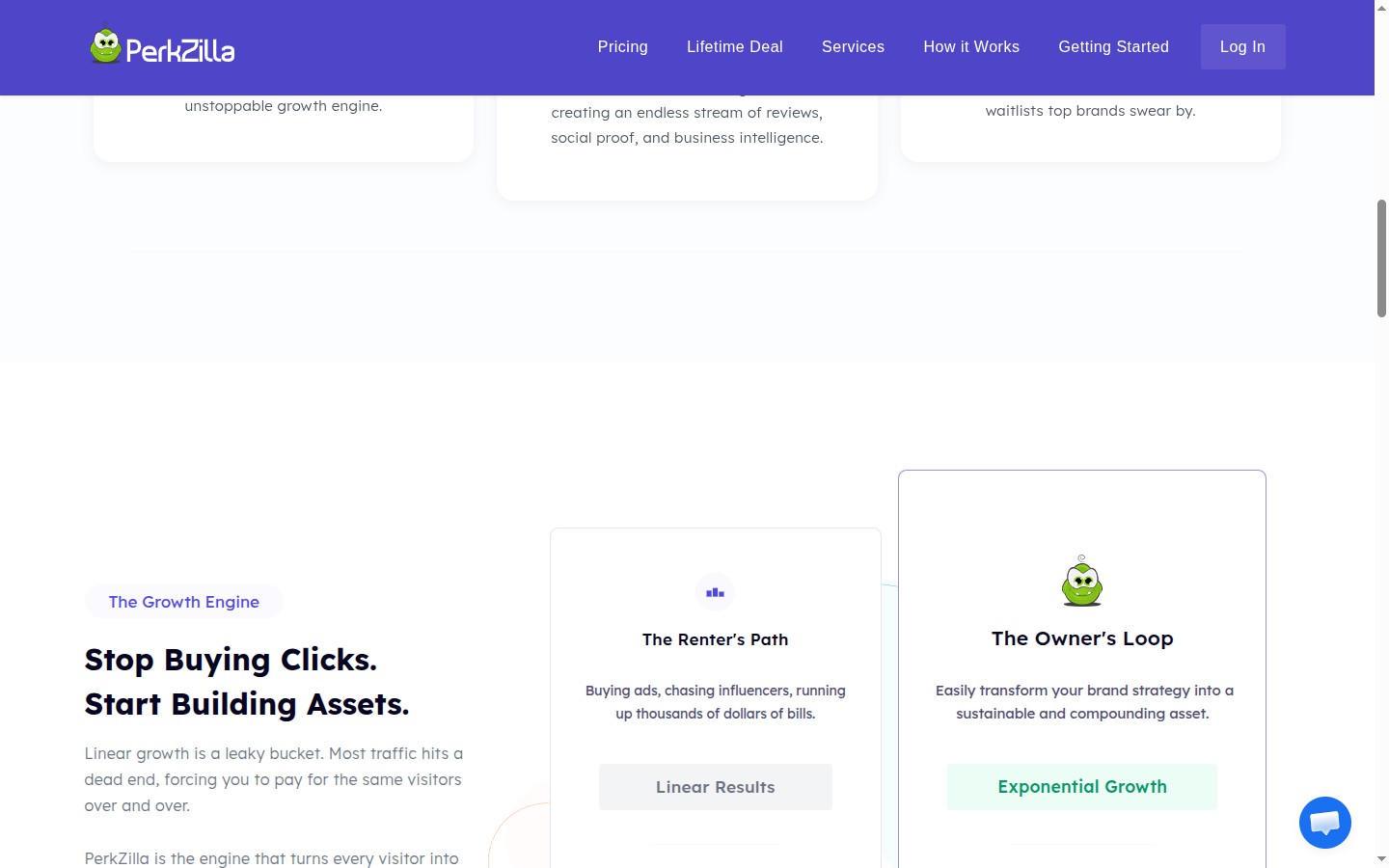 PerkZilla section contrasting buying clicks with a compounding referral loop