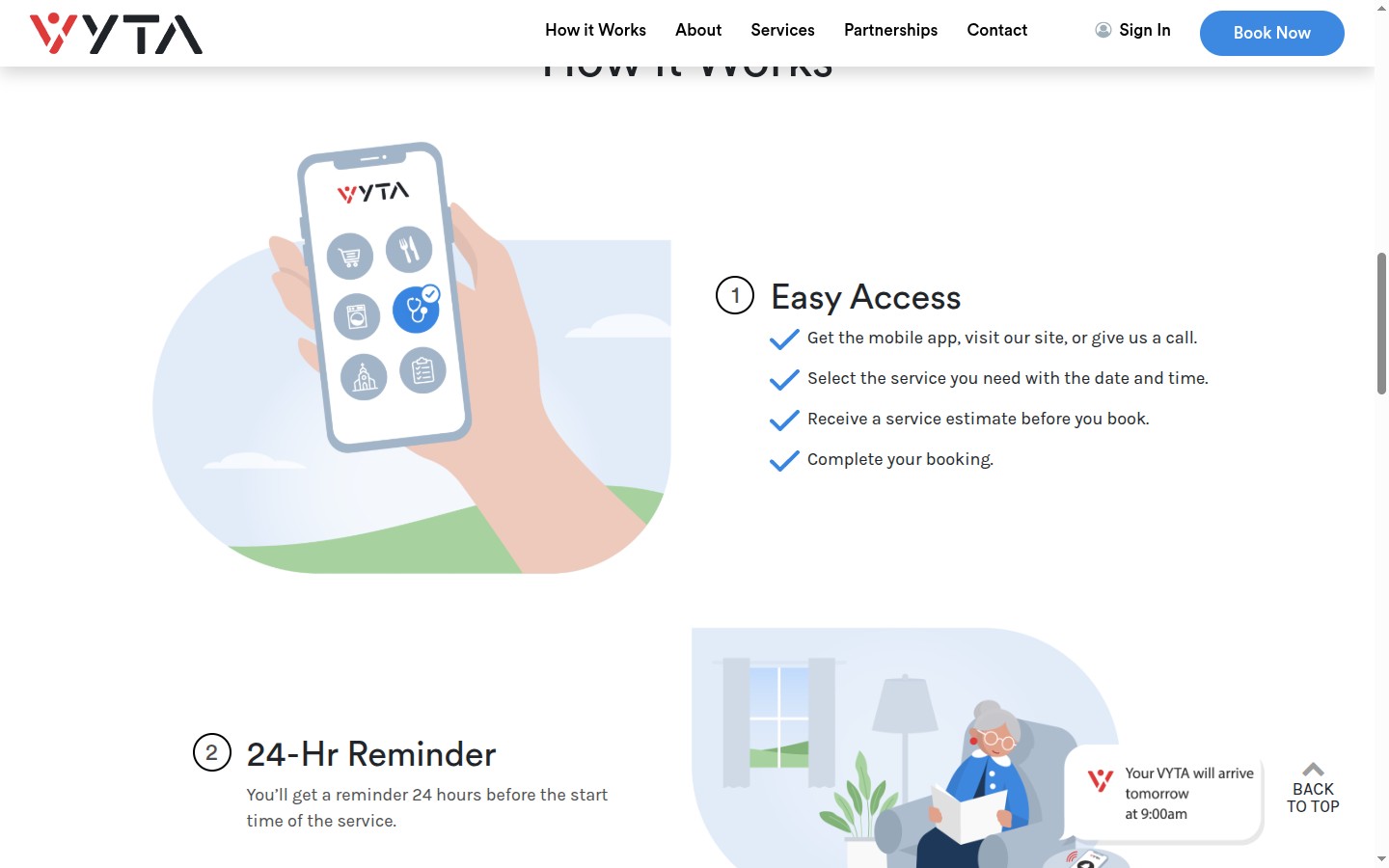 Vyta 'How it works' section explaining booking, estimates and reminders step by step
