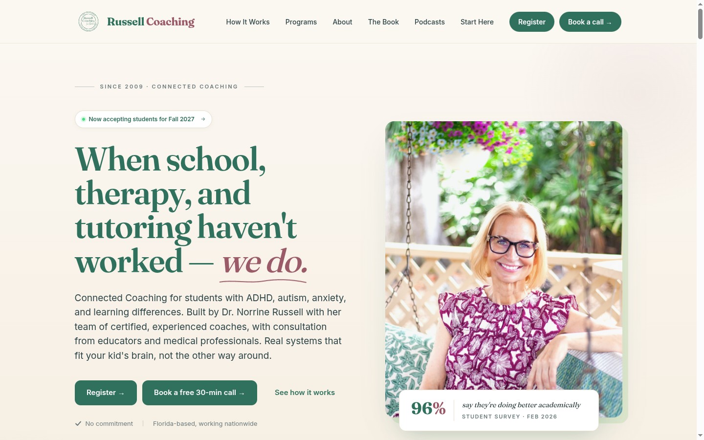 Russell Coaching — warm editorial coaching website homepage